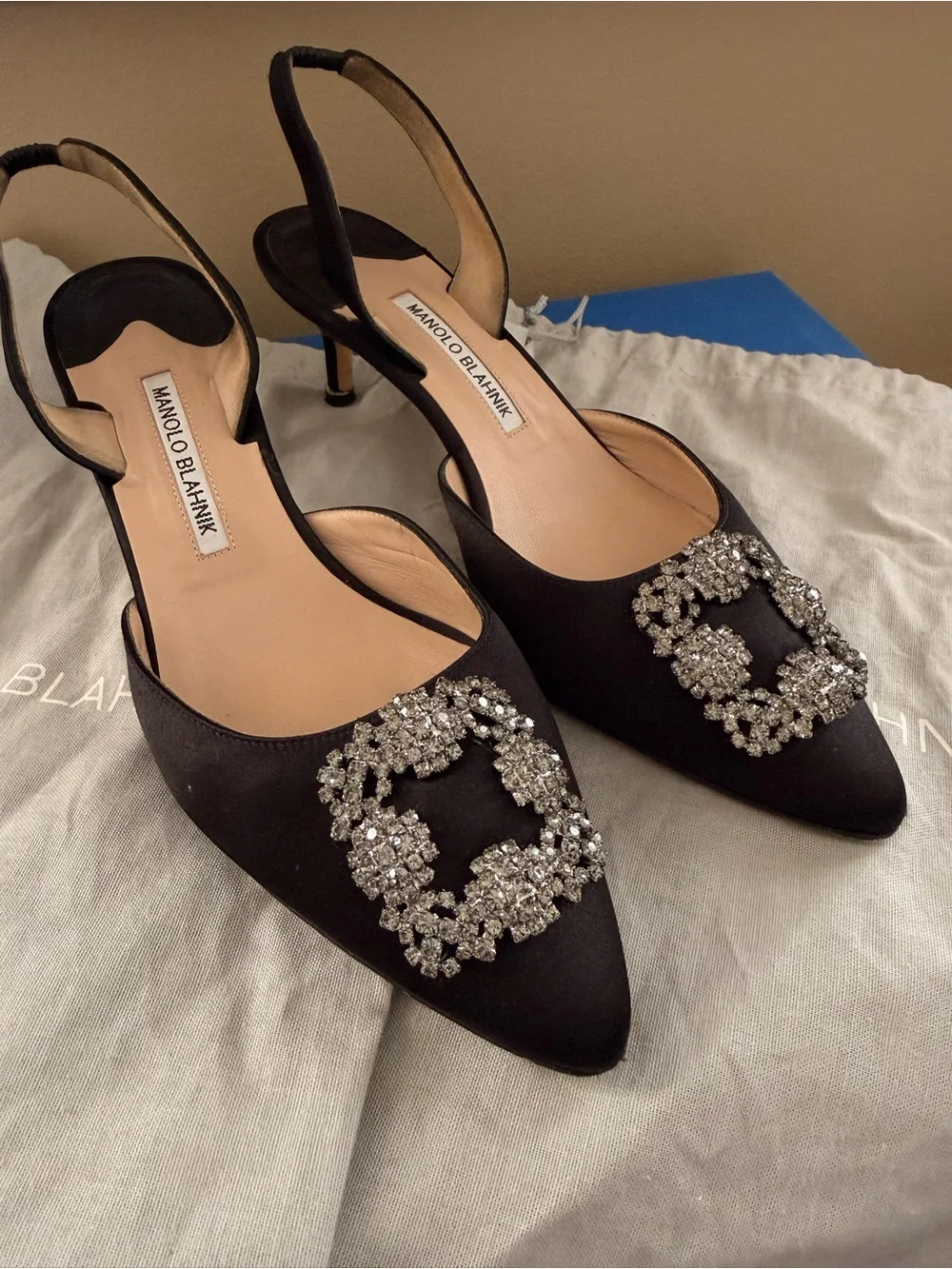 Manolo Blahnik Black Satin Crystal Buckle Slingback Pumps AUTHENTIC